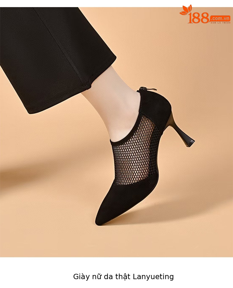 Giày sandal cao gót nữ mũi nhọn hở ngón, chất liệu da thật kết hợp lưới thoáng khí, gót 7 cm — Màu đen - 7cm chi tiết 5