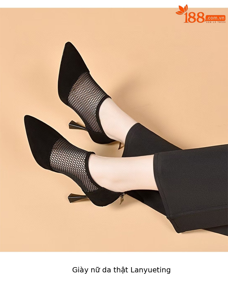 Giày sandal cao gót nữ mũi nhọn hở ngón, chất liệu da thật kết hợp lưới thoáng khí, gót 7 cm — Màu đen - 7cm chi tiết 6
