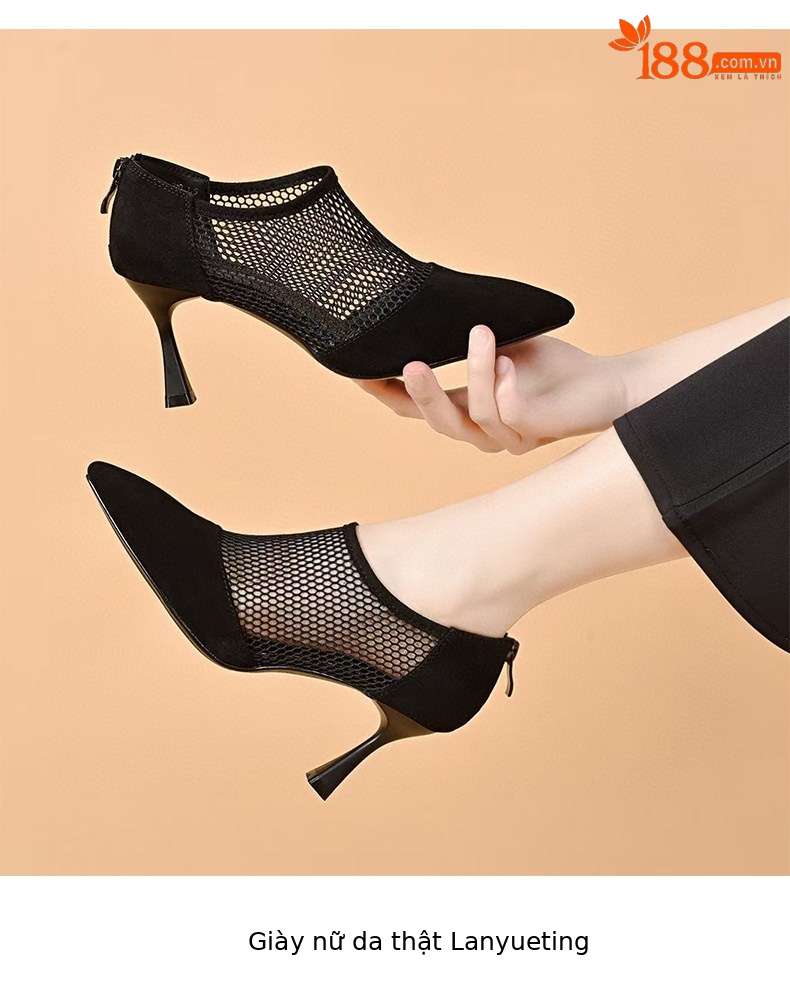 Giày sandal cao gót nữ mũi nhọn hở ngón, chất liệu da thật kết hợp lưới thoáng khí, gót 7 cm — Màu đen - 7cm chi tiết 7