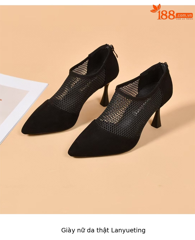 Giày sandal cao gót nữ mũi nhọn hở ngón, chất liệu da thật kết hợp lưới thoáng khí, gót 7 cm — Màu đen - 7cm chi tiết 8