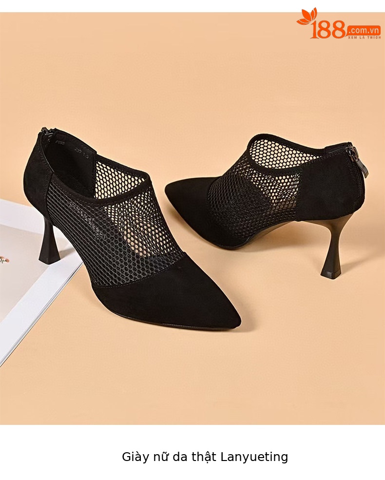 Giày sandal cao gót nữ mũi nhọn hở ngón, chất liệu da thật kết hợp lưới thoáng khí, gót 7 cm — Màu đen - 7cm chi tiết 9