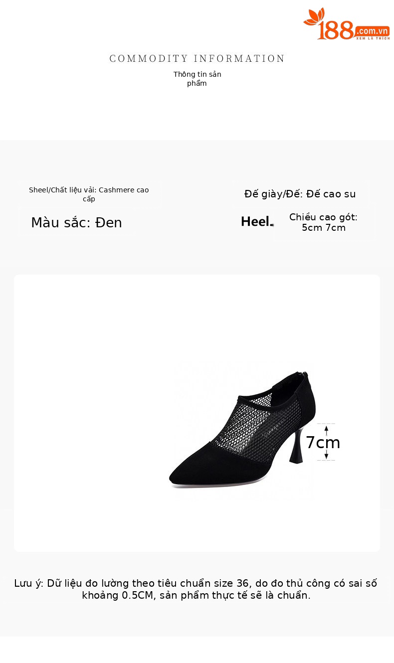 Giày sandal cao gót nữ mũi nhọn hở ngón, chất liệu da thật kết hợp lưới thoáng khí, gót 7 cm — Màu đen - 7cm chi tiết 1