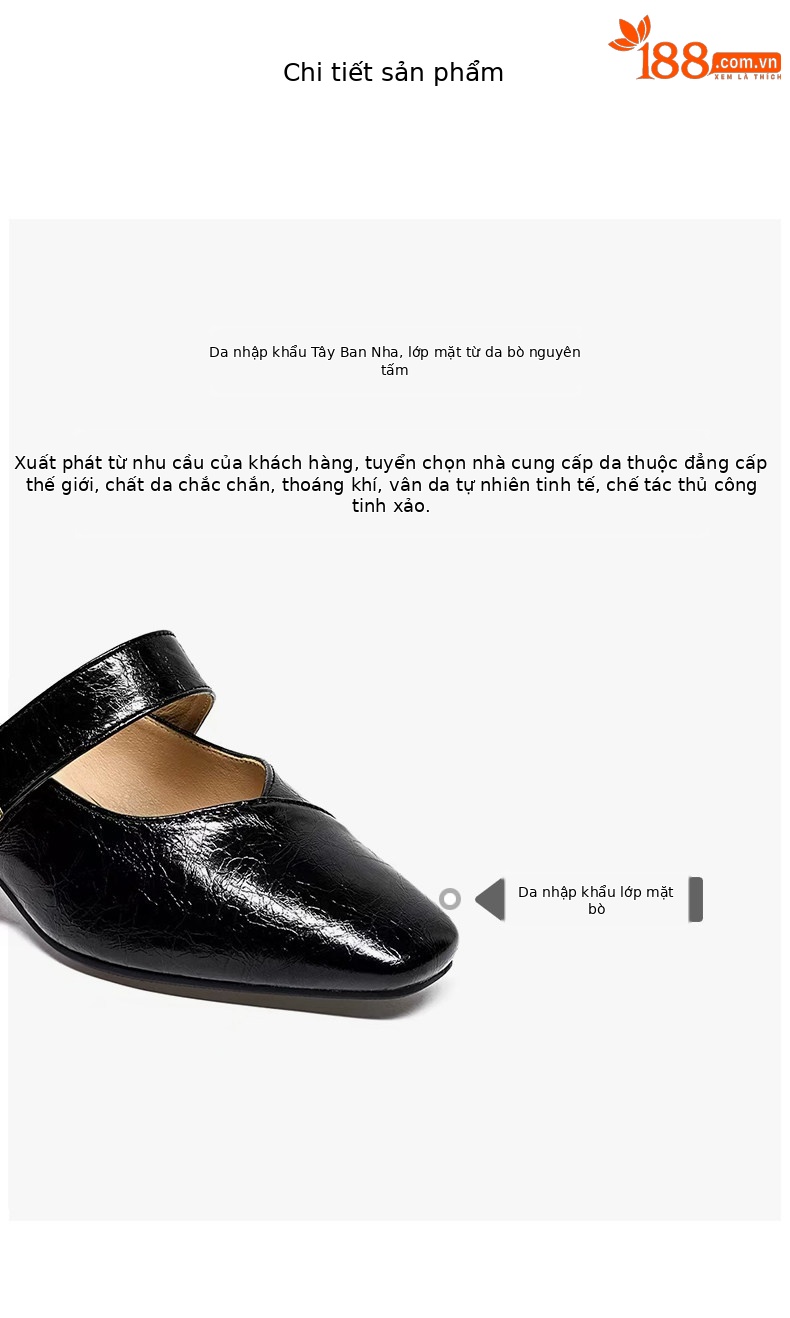 Dép sandal nữ da thật quai chữ V gót thấp thanh lịch — màu đen chi tiết 2