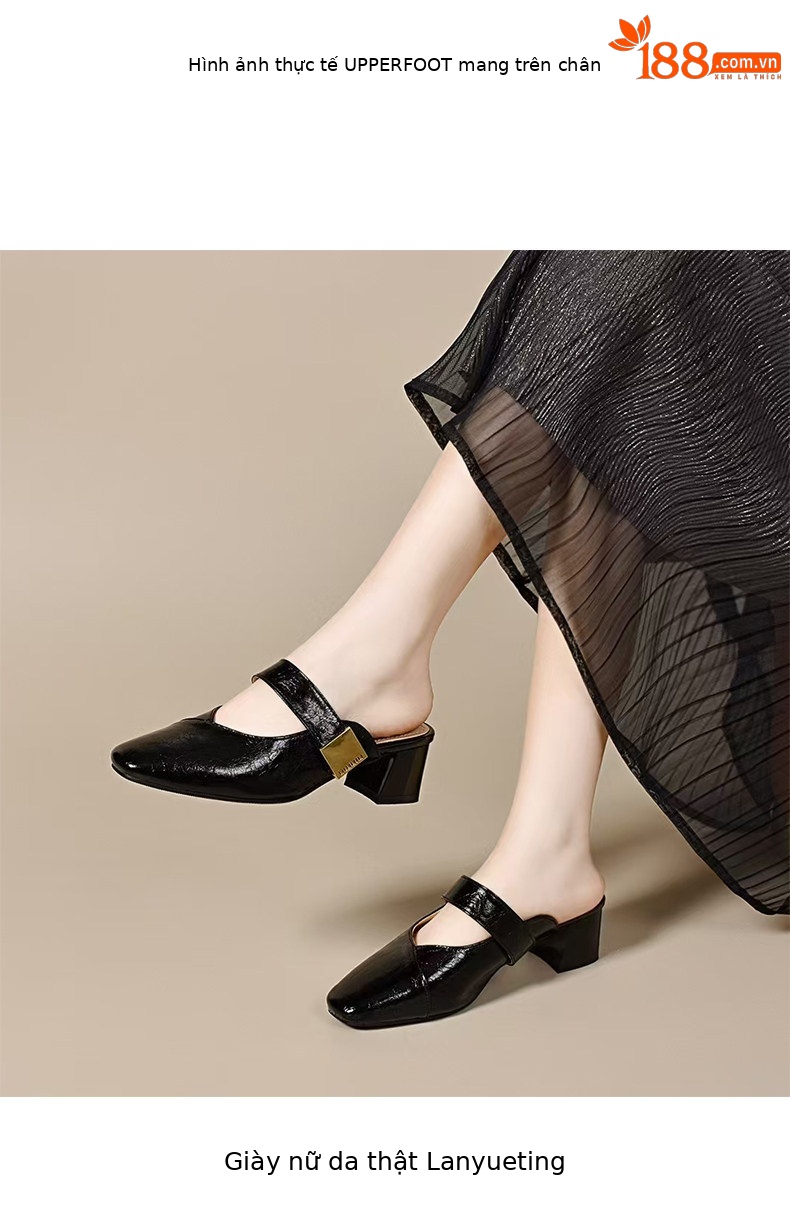 Dép sandal nữ da thật quai chữ V gót thấp thanh lịch — màu đen chi tiết 3