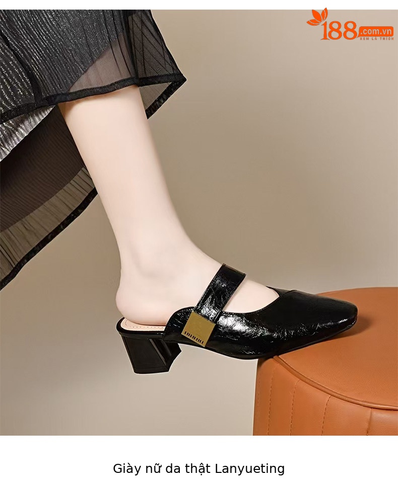 Dép sandal nữ da thật quai chữ V gót thấp thanh lịch — màu đen chi tiết 4