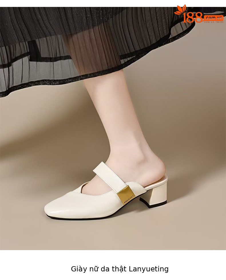 Dép sandal nữ da thật quai chữ V gót thấp thanh lịch — màu đen chi tiết 5
