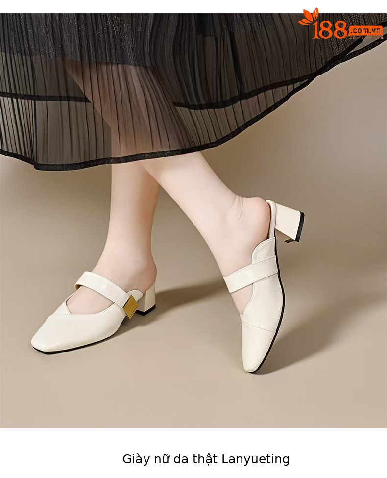 Dép sandal nữ da thật quai chữ V gót thấp thanh lịch — màu đen chi tiết 6