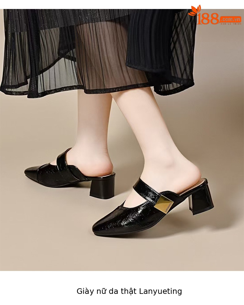 Dép sandal nữ da thật quai chữ V gót thấp thanh lịch — màu đen chi tiết 7