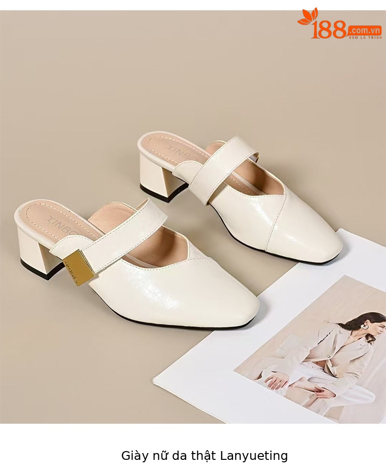 Dép sandal nữ da thật quai chữ V gót thấp thanh lịch — màu đen chi tiết 8