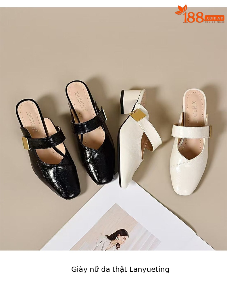 Dép sandal nữ da thật quai chữ V gót thấp thanh lịch — màu đen chi tiết 9