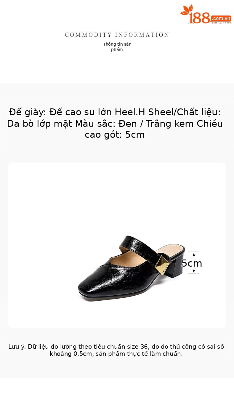 Dép sandal nữ da thật quai chữ V gót thấp thanh lịch — màu đen chi tiết 1