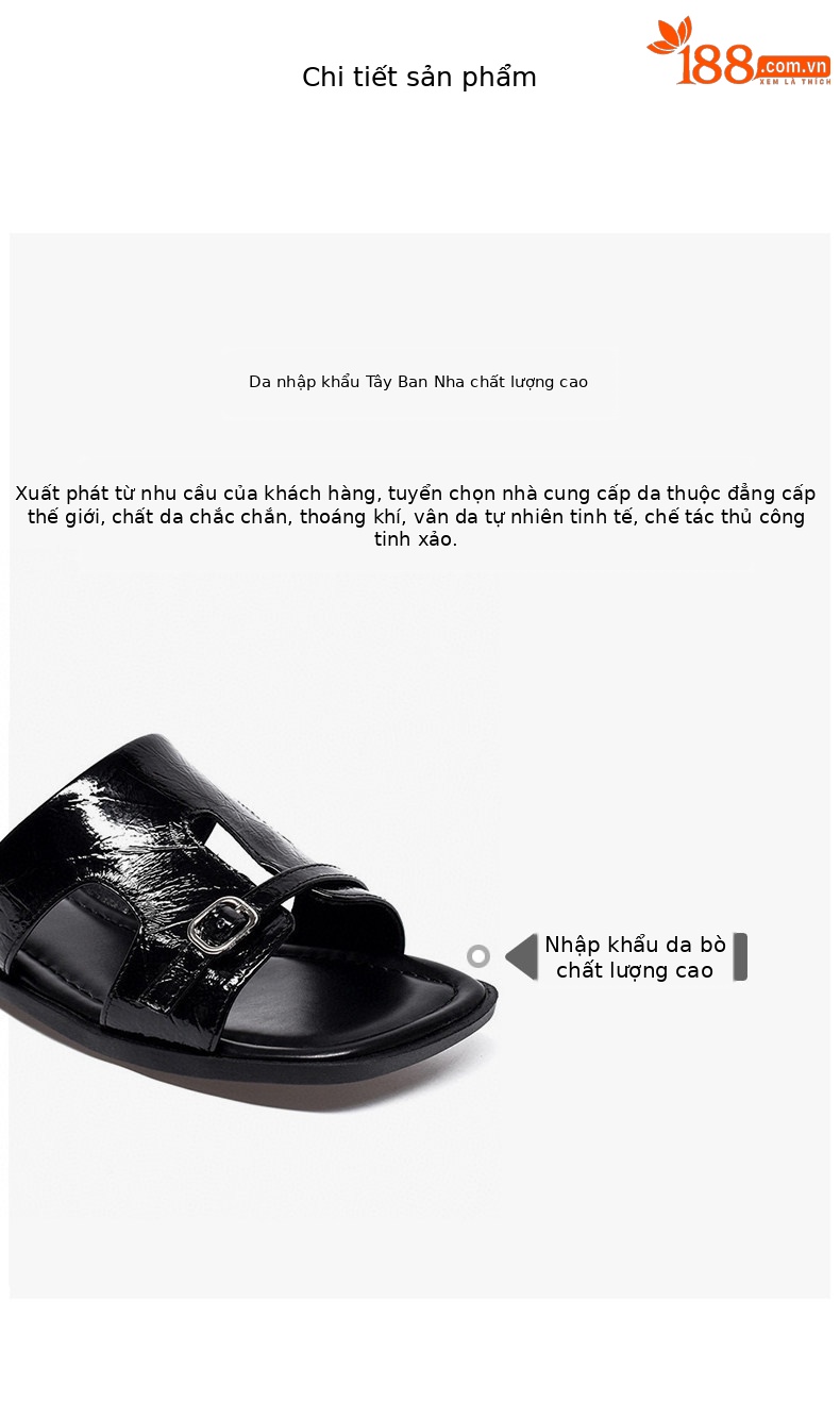 Dép sandal nữ da thật gót vuông mũi hở quai ngang đế bệt — màu đen chi tiết 2