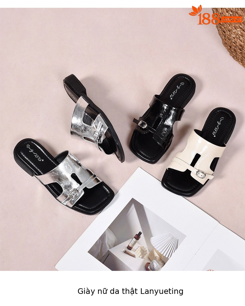 Dép sandal nữ da thật gót vuông mũi hở quai ngang đế bệt — màu đen chi tiết 3