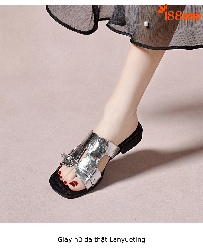 Dép sandal nữ da thật gót vuông mũi hở quai ngang đế bệt — màu đen chi tiết 5