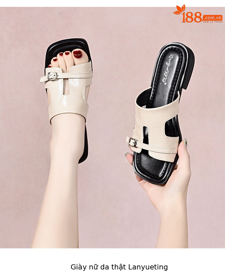 Dép sandal nữ da thật gót vuông mũi hở quai ngang đế bệt — màu đen chi tiết 6