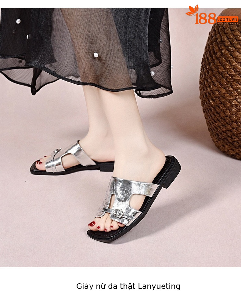 Dép sandal nữ da thật gót vuông mũi hở quai ngang đế bệt — màu đen chi tiết 7