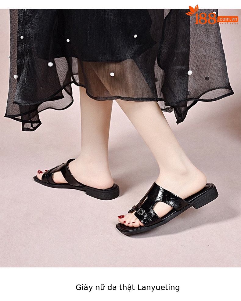 Dép sandal nữ da thật gót vuông mũi hở quai ngang đế bệt — màu đen chi tiết 8
