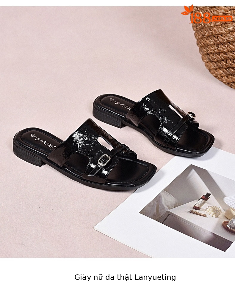 Dép sandal nữ da thật gót vuông mũi hở quai ngang đế bệt — màu đen chi tiết 9