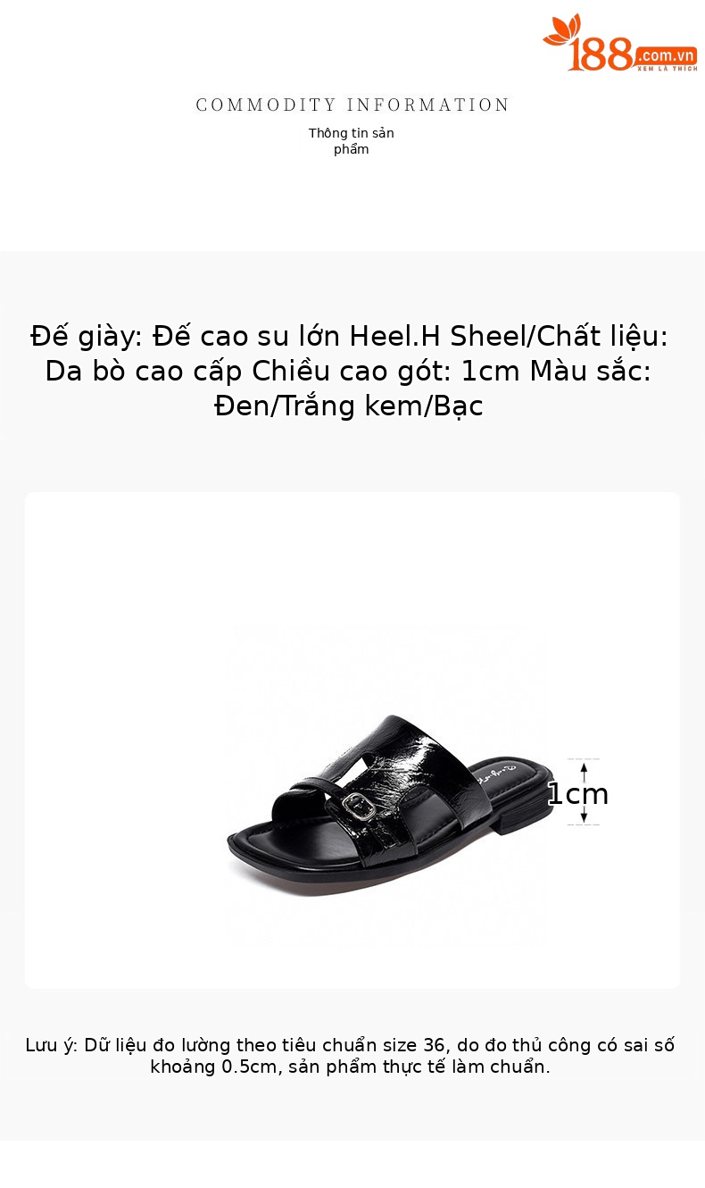 Dép sandal nữ da thật gót vuông mũi hở quai ngang đế bệt — màu đen chi tiết 1