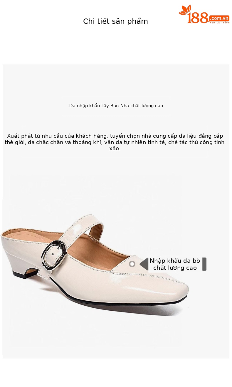 Dép sandal nữ da thật mũi vuông phong cách tiên nữ, gót thô chống trượt — màu be chi tiết 2