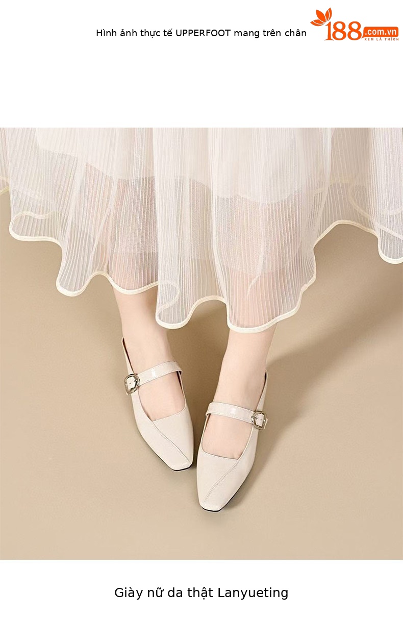 Dép sandal nữ da thật mũi vuông phong cách tiên nữ, gót thô chống trượt — màu be chi tiết 3