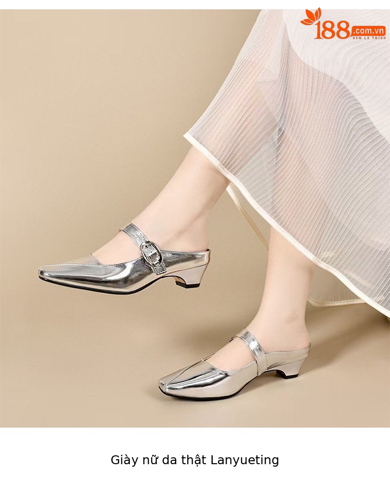 Dép sandal nữ da thật mũi vuông phong cách tiên nữ, gót thô chống trượt — màu be chi tiết 4