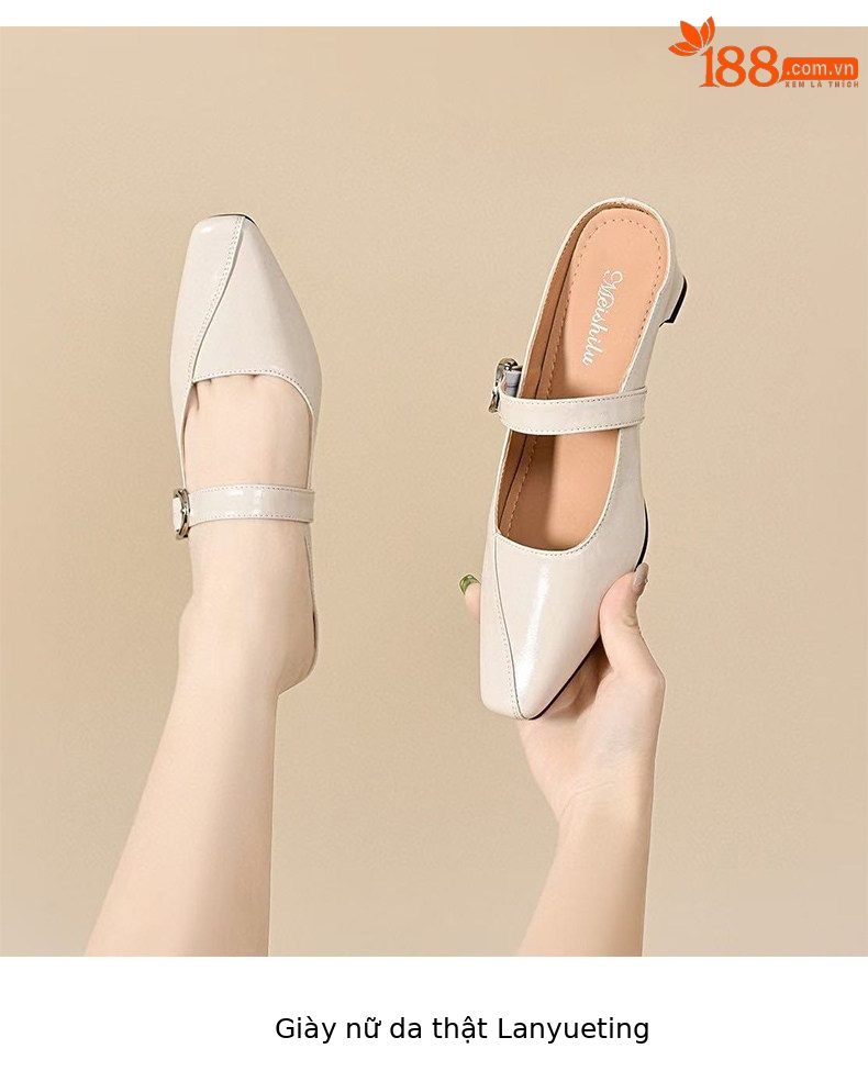Dép sandal nữ da thật mũi vuông phong cách tiên nữ, gót thô chống trượt — màu be chi tiết 5