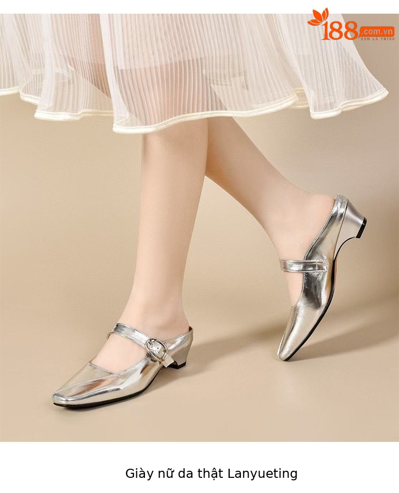Dép sandal nữ da thật mũi vuông phong cách tiên nữ, gót thô chống trượt — màu be chi tiết 6