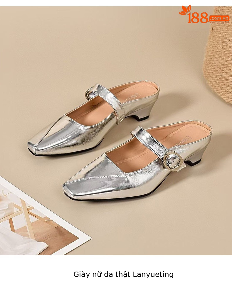 Dép sandal nữ da thật mũi vuông phong cách tiên nữ, gót thô chống trượt — màu be chi tiết 8