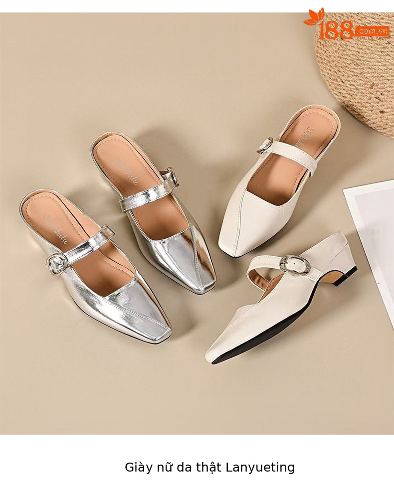 Dép sandal nữ da thật mũi vuông phong cách tiên nữ, gót thô chống trượt — màu be chi tiết 9