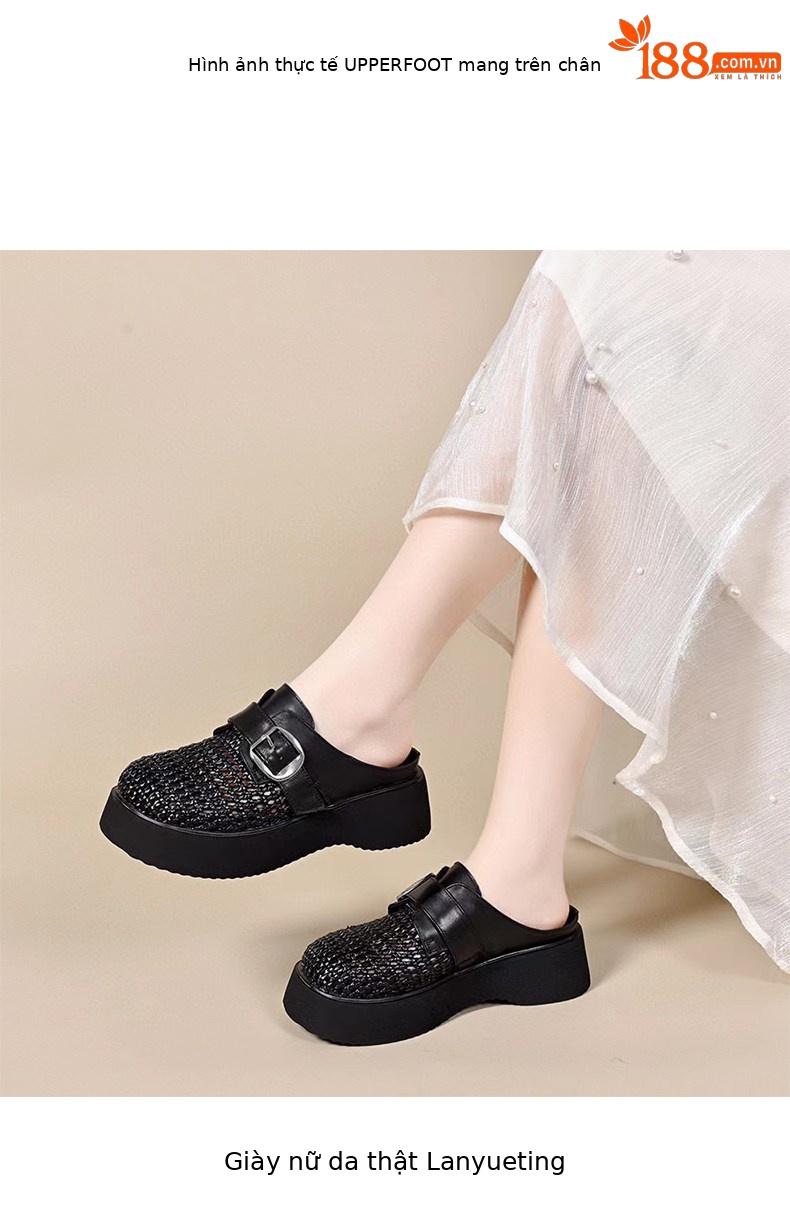 Dép sandal nữ da thật đế dày tăng chiều cao, mũi kín, quai chữ V — màu đen chi tiết 3
