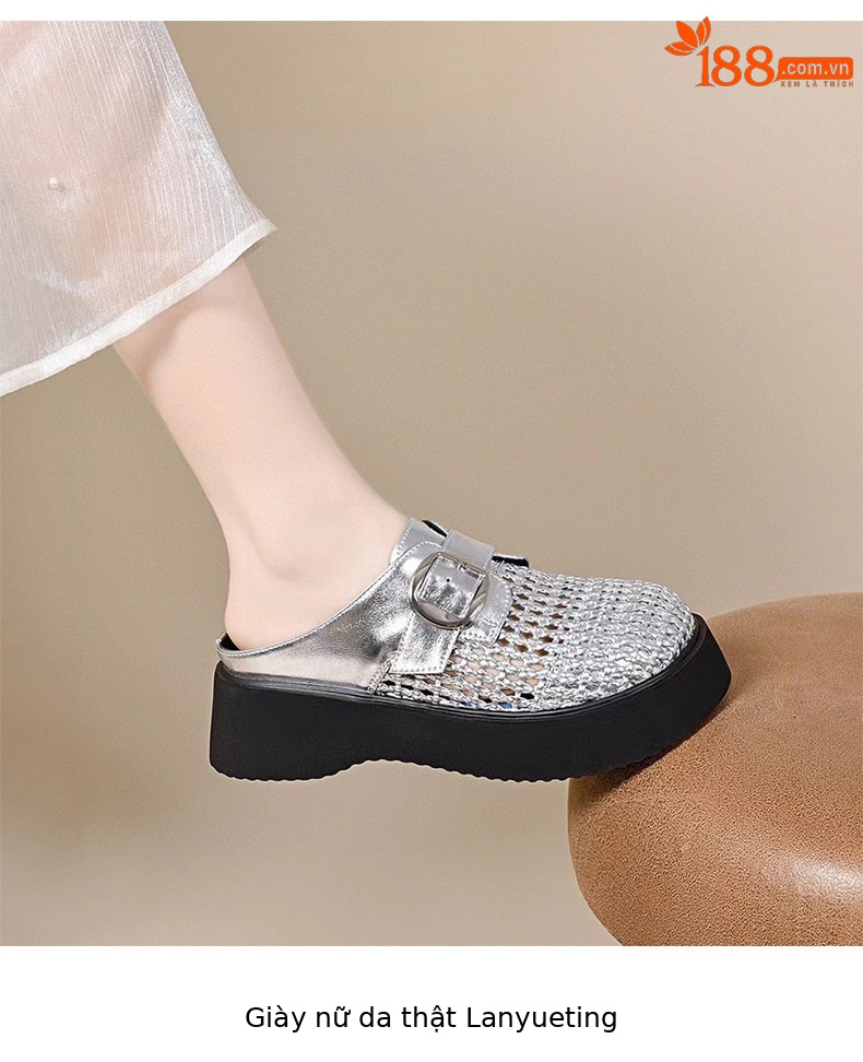 Dép sandal nữ da thật đế dày tăng chiều cao, mũi kín, quai chữ V — màu đen chi tiết 4