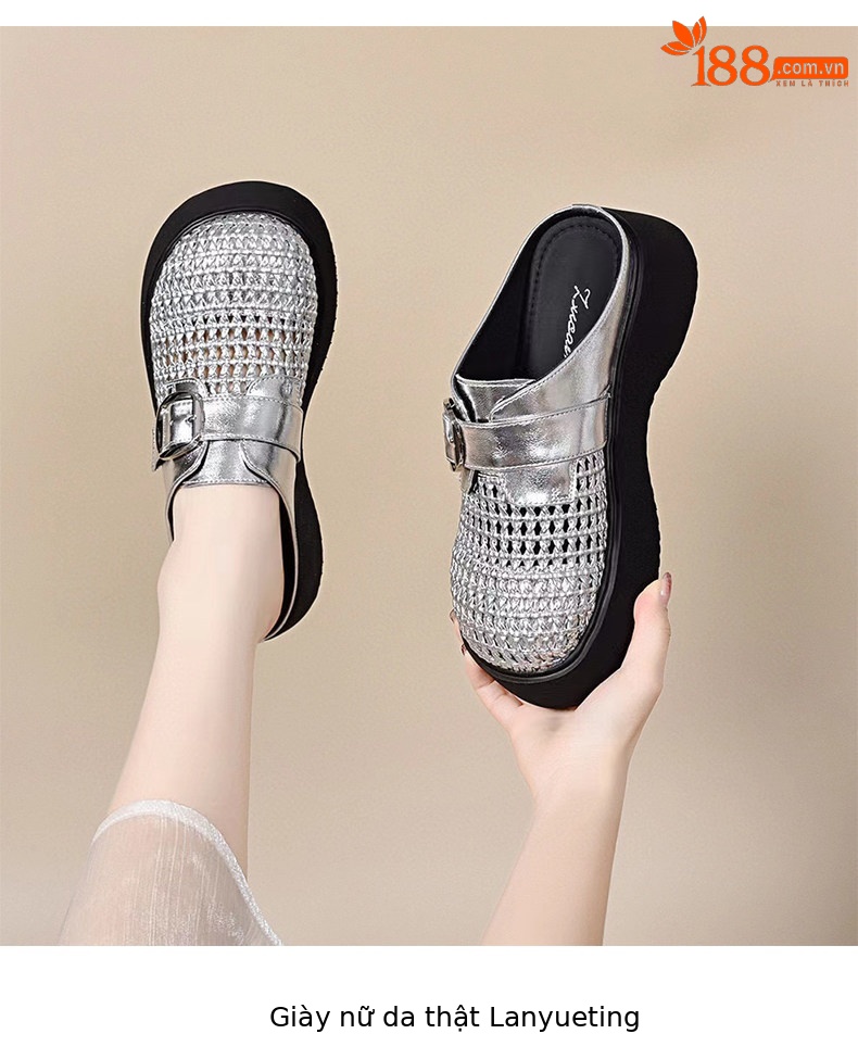 Dép sandal nữ da thật đế dày tăng chiều cao, mũi kín, quai chữ V — màu đen chi tiết 6