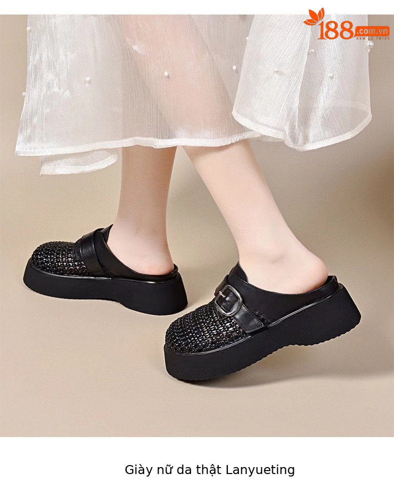 Dép sandal nữ da thật đế dày tăng chiều cao, mũi kín, quai chữ V — màu đen chi tiết 7
