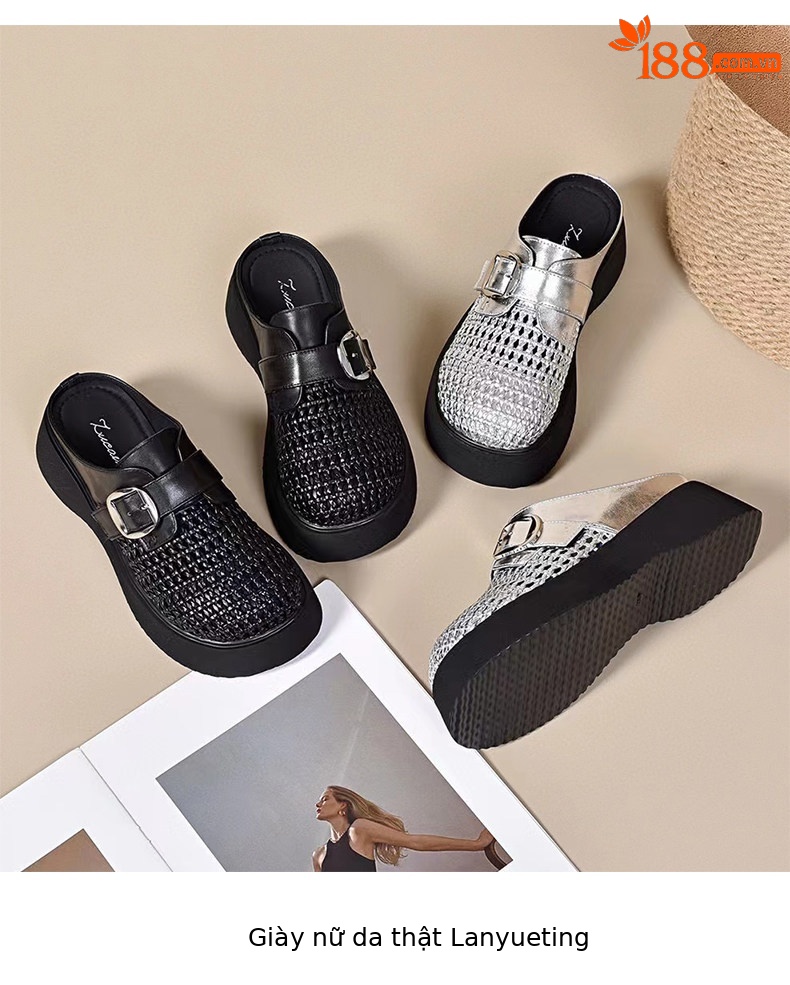 Dép sandal nữ da thật đế dày tăng chiều cao, mũi kín, quai chữ V — màu đen chi tiết 9