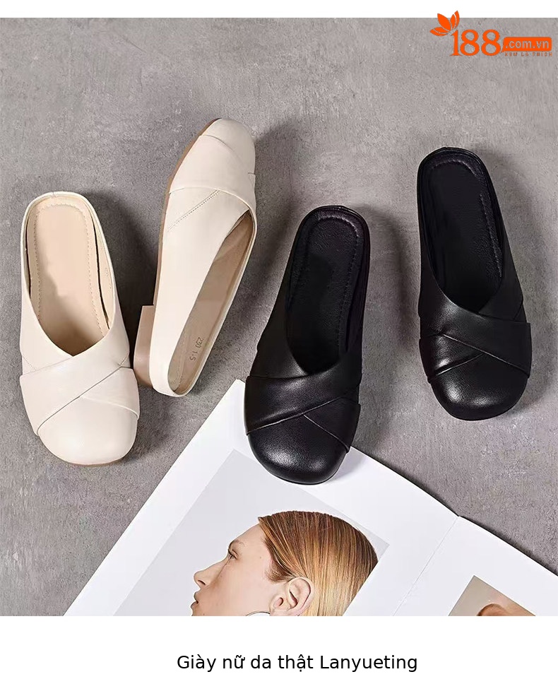 Dép mule nữ da thật mũi tròn gót thấp phong cách lười — màu đen chi tiết 9