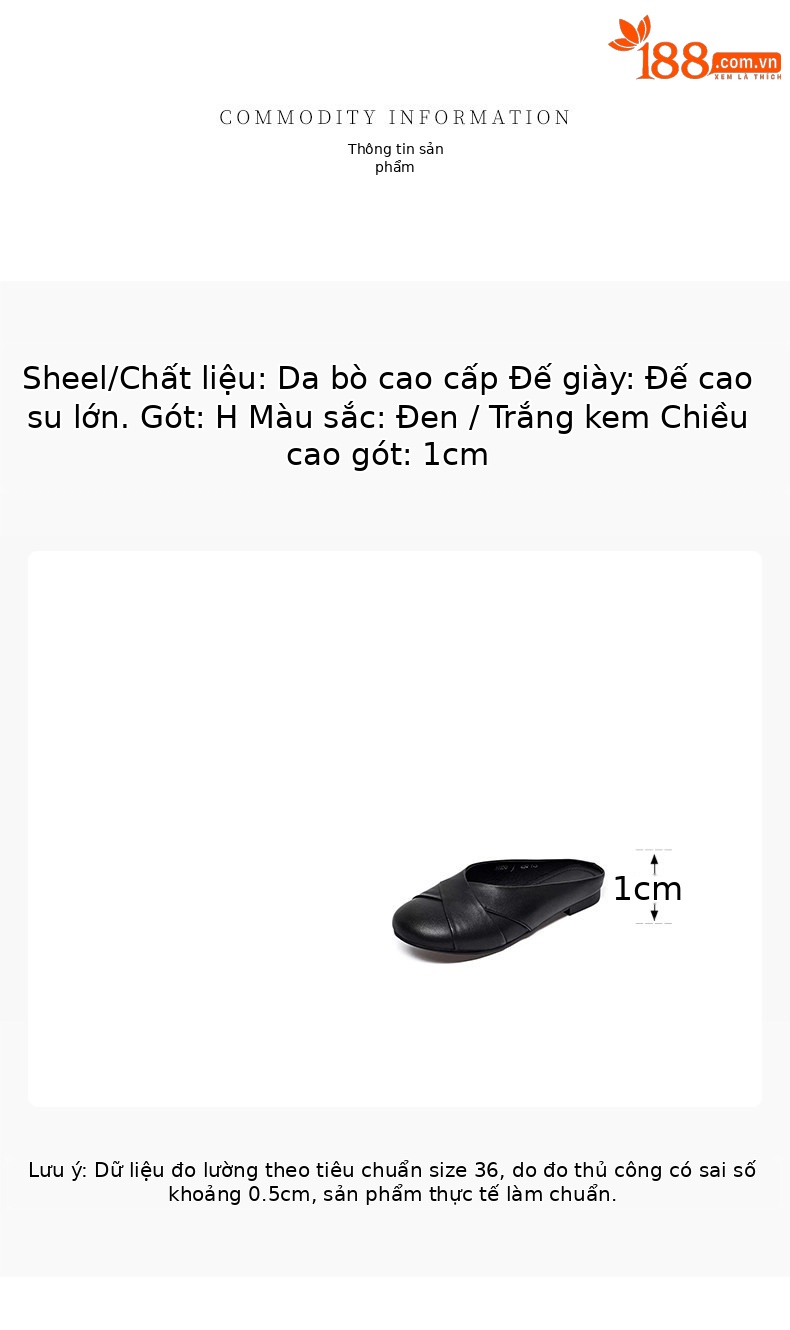 Dép mule nữ da thật mũi tròn gót thấp phong cách lười — màu đen chi tiết 1