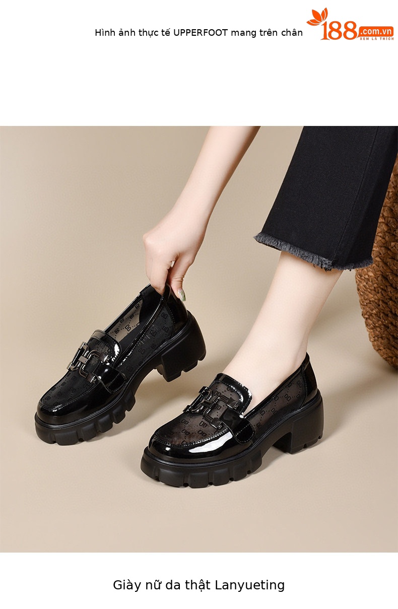 Giày sandal cao gót nữ quai ngang đế lưới thoáng khí, mũi tròn gót thô — màu đen chi tiết 3