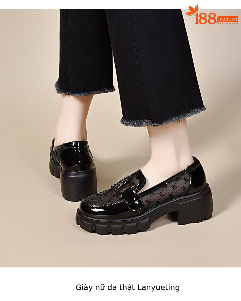 Giày sandal cao gót nữ quai ngang đế lưới thoáng khí, mũi tròn gót thô — màu đen chi tiết 7