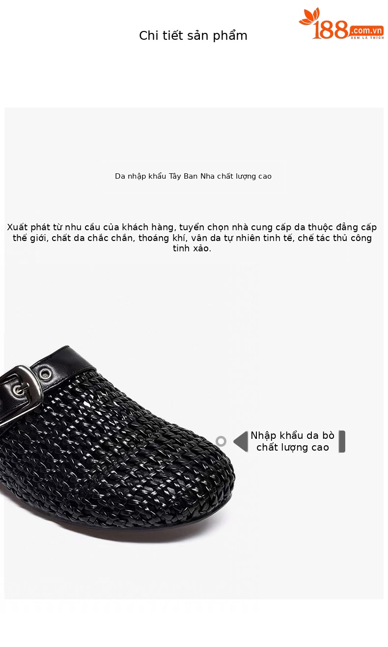 Dép sandal nữ da thật bọc mũi hở gót, gót thô 5 cm, phong cách nửa kín nửa hở — màu đen chi tiết 2