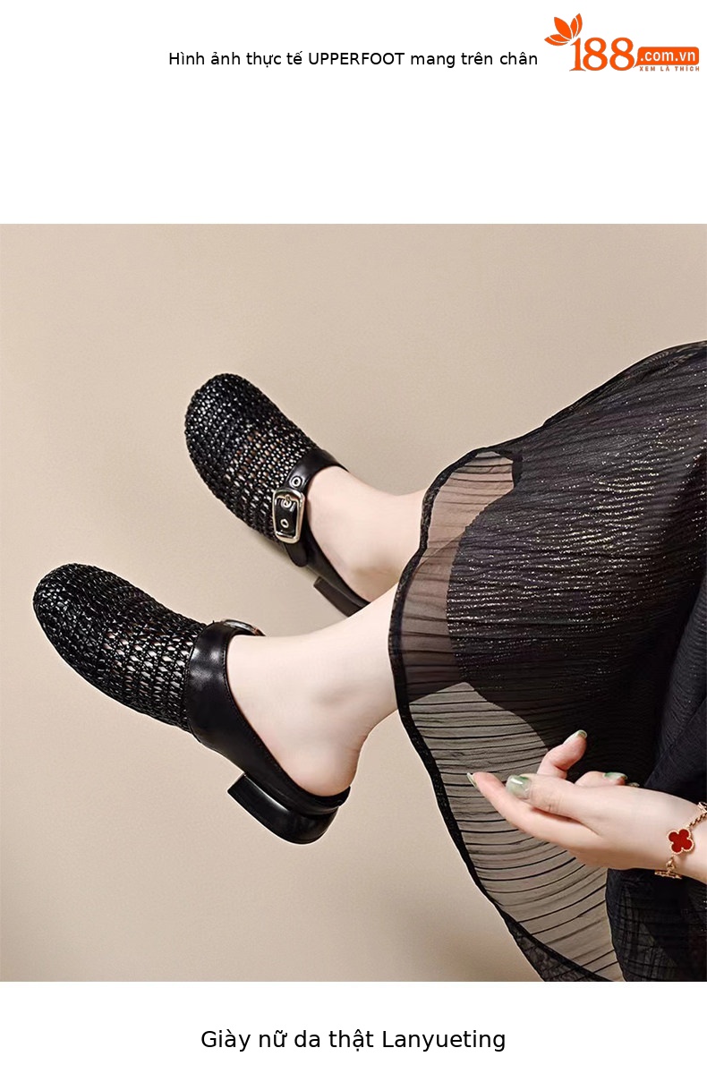 Dép sandal nữ da thật bọc mũi hở gót, gót thô 5 cm, phong cách nửa kín nửa hở — màu đen chi tiết 3
