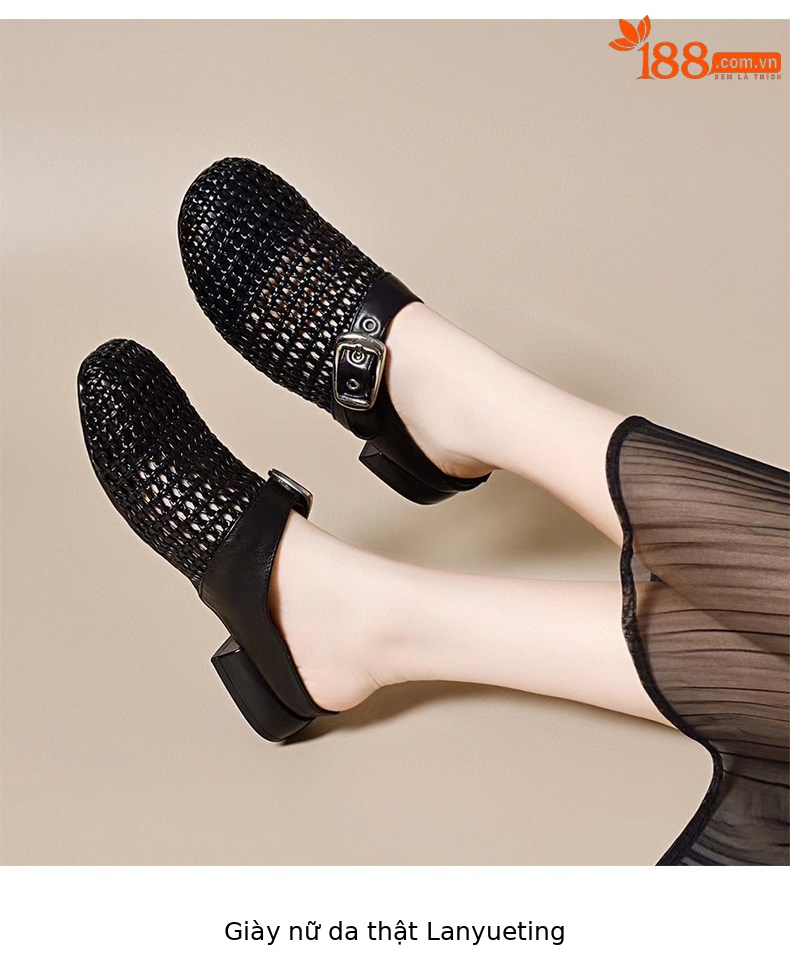 Dép sandal nữ da thật bọc mũi hở gót, gót thô 5 cm, phong cách nửa kín nửa hở — màu đen chi tiết 4