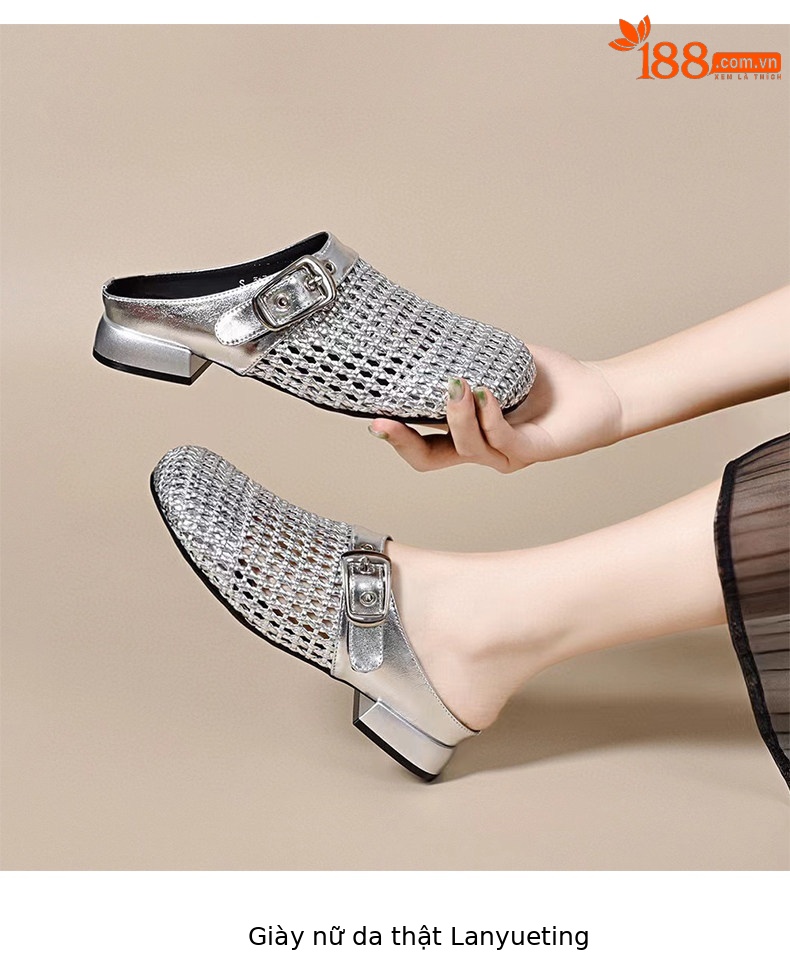 Dép sandal nữ da thật bọc mũi hở gót, gót thô 5 cm, phong cách nửa kín nửa hở — màu đen chi tiết 5