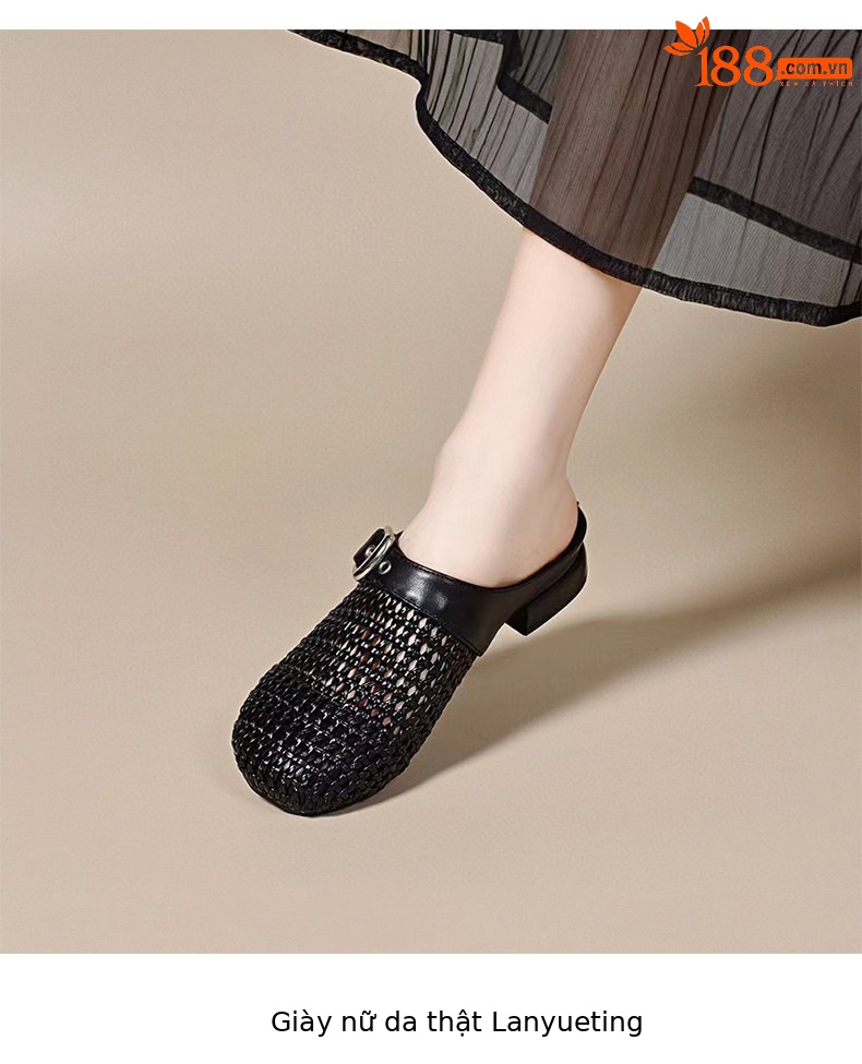 Dép sandal nữ da thật bọc mũi hở gót, gót thô 5 cm, phong cách nửa kín nửa hở — màu đen chi tiết 6