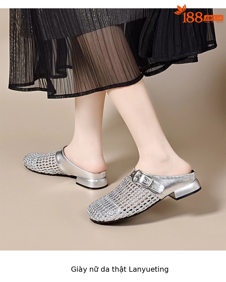 Dép sandal nữ da thật bọc mũi hở gót, gót thô 5 cm, phong cách nửa kín nửa hở — màu đen chi tiết 7
