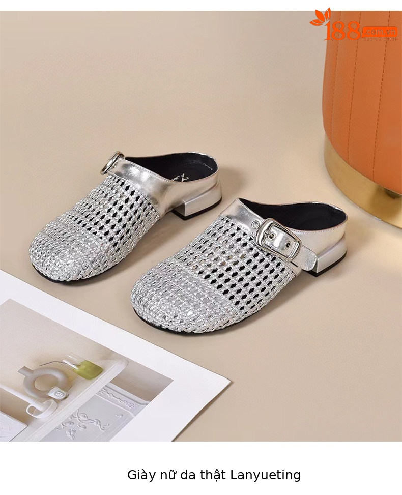 Dép sandal nữ da thật bọc mũi hở gót, gót thô 5 cm, phong cách nửa kín nửa hở — màu đen chi tiết 8