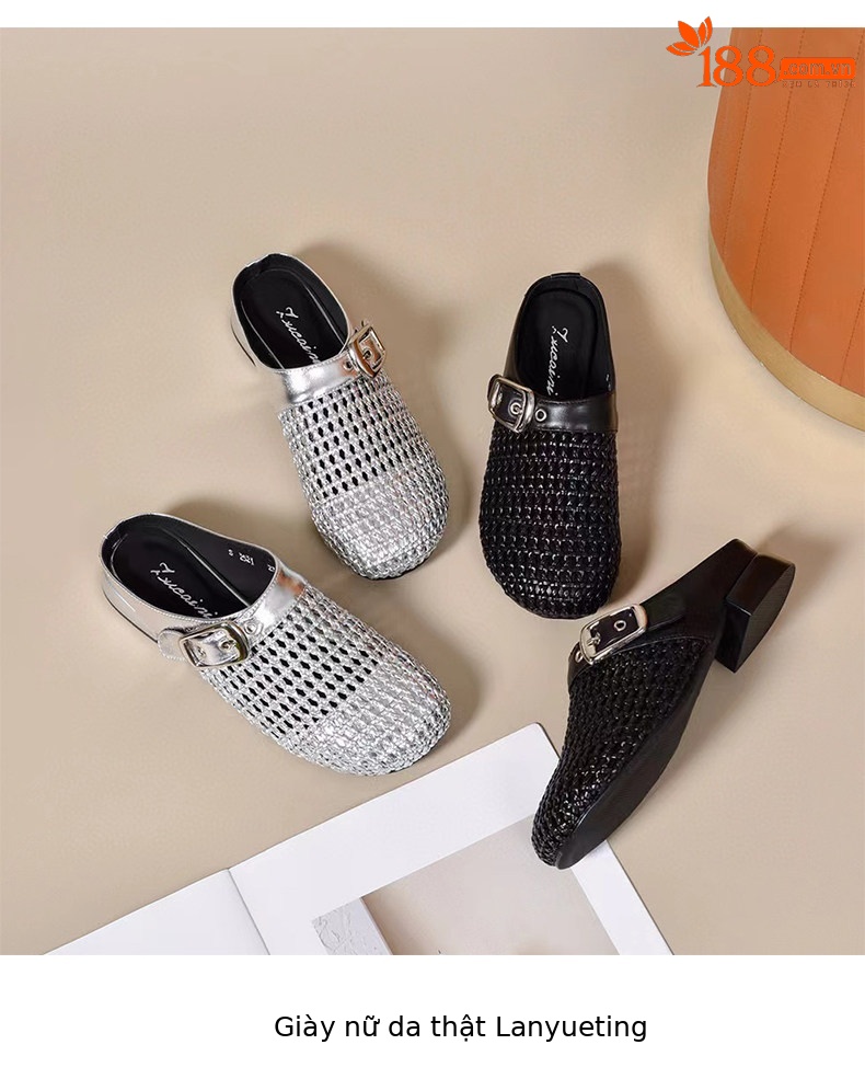 Dép sandal nữ da thật bọc mũi hở gót, gót thô 5 cm, phong cách nửa kín nửa hở — màu đen chi tiết 9
