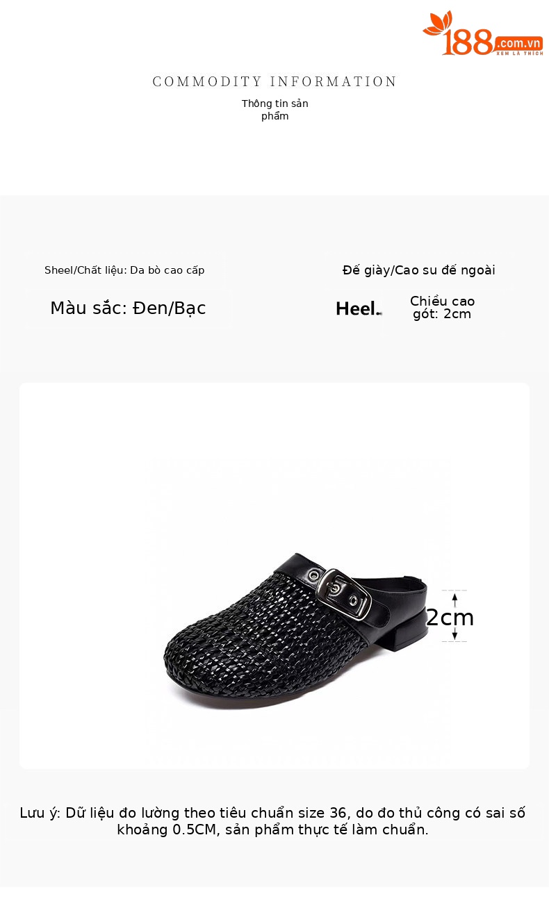 Dép sandal nữ da thật bọc mũi hở gót, gót thô 5 cm, phong cách nửa kín nửa hở — màu đen chi tiết 1
