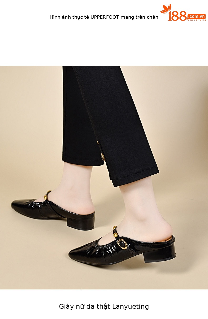 Dép sandal nữ da thật mũi vuông gót thấp phong cách Pháp — màu đen chi tiết 3