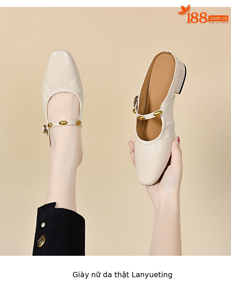 Dép sandal nữ da thật mũi vuông gót thấp phong cách Pháp — màu đen chi tiết 4